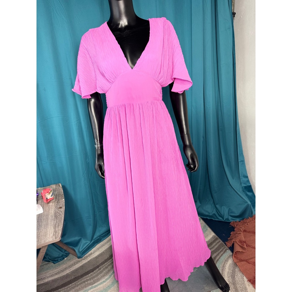 Japna Pink Crinkle Flutter Sleeve Maxi Dress V-Neck Flowy Bohemian Summer - Picture 7 of 10